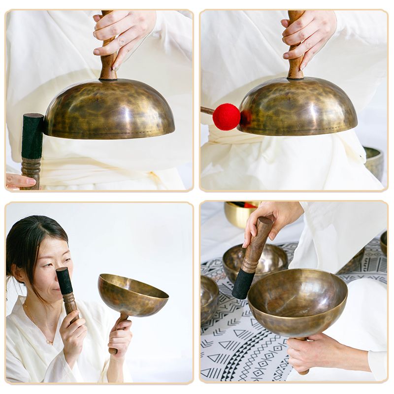 Tibetan singing bowl with wooden mallet for meditation and sound healing in Nepal Handmade design