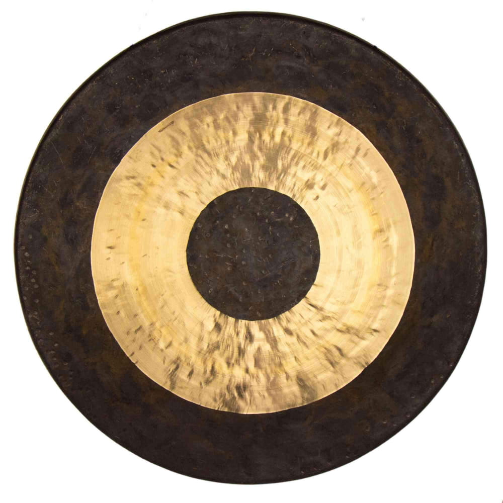 Traditional Chinese gong with black and gold concentric circles, premium sound quality