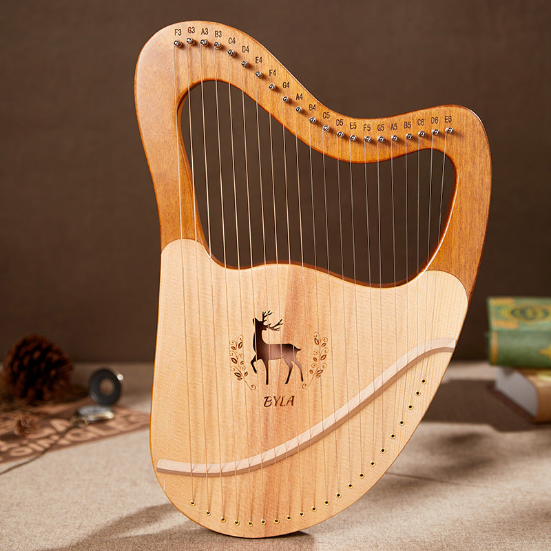 Wooden lyre harp with deer design carved into soundboard, Professional Reindeer Lyre Harp