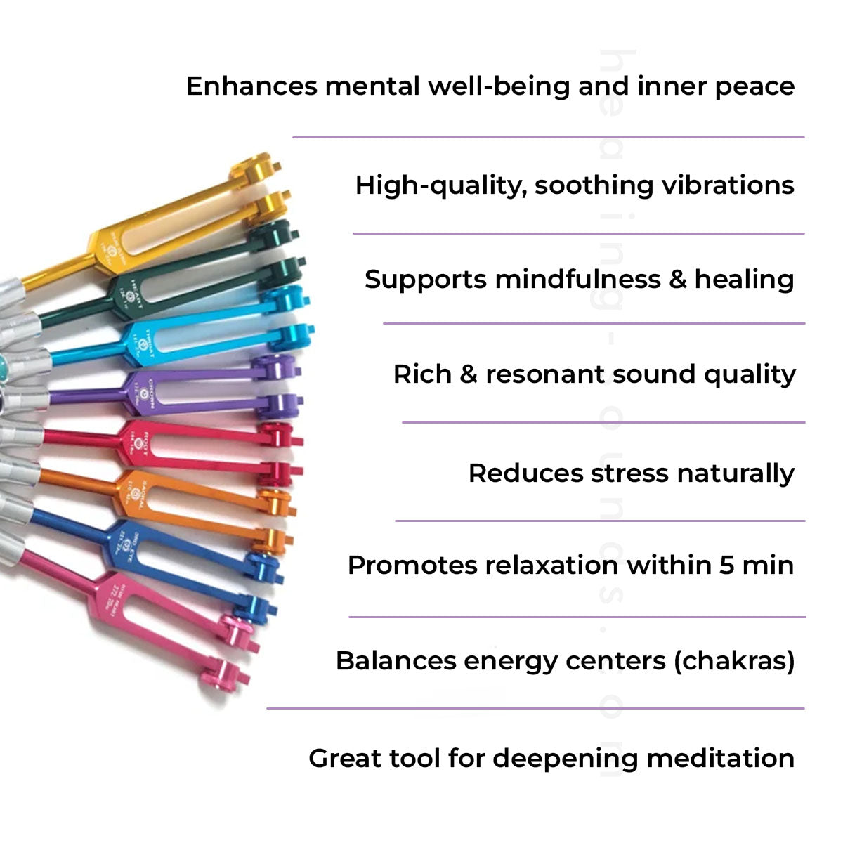 Colorful tuning forks in a diagonal line showcasing wellness benefits for Chakras
