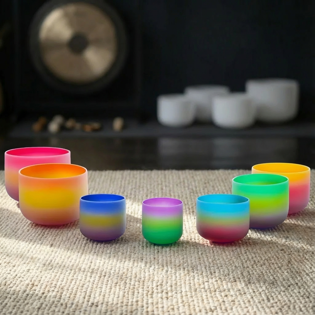 Rainbow Frosted Quartz Crystal Singing Bowl Set - 7 pcs 6-14