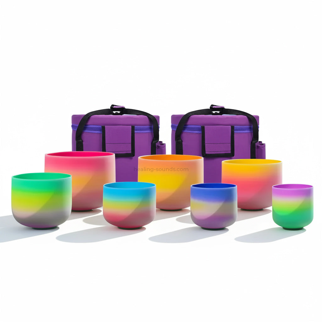 Rainbow Frosted Quartz Crystal Singing Bowl Set - 7 pcs 6-14