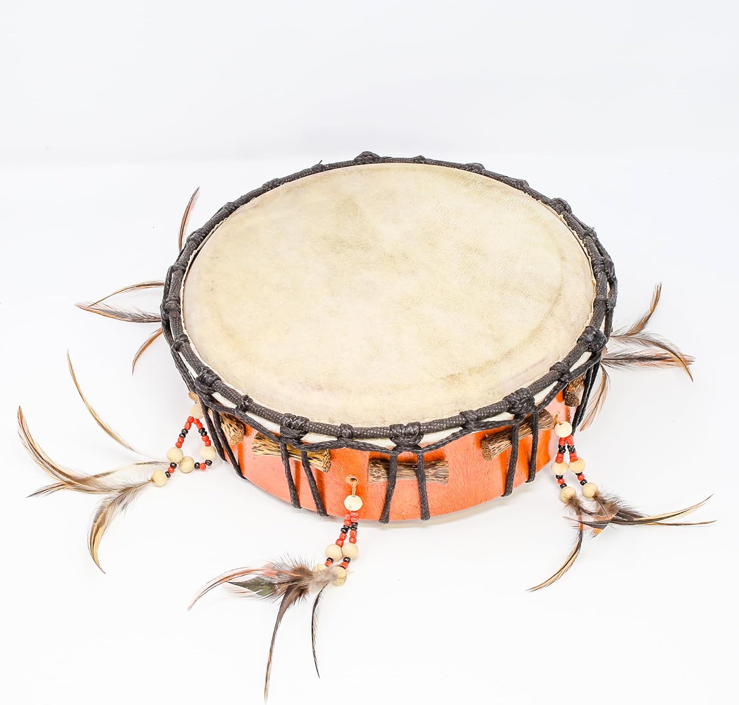 Native American-style Shamanic Hand Drum with feathers and orange decorative band