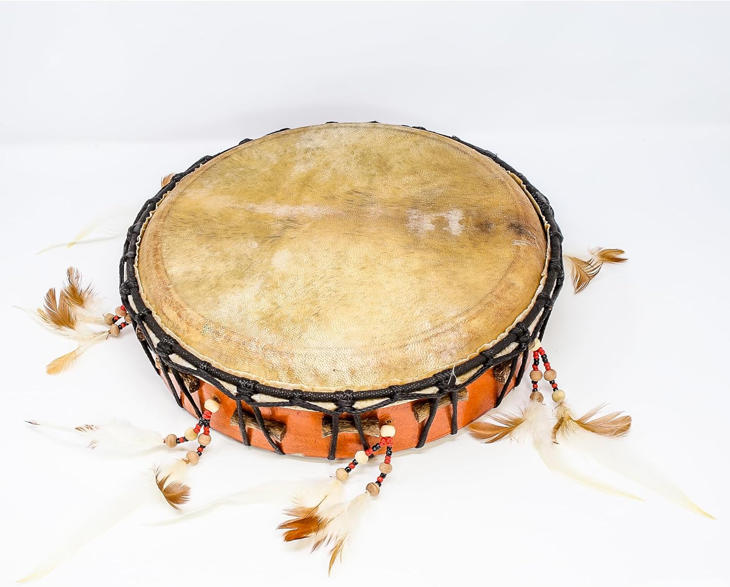 Traditional Shamanic Hand Drum with orange sides and goat skin drumhead