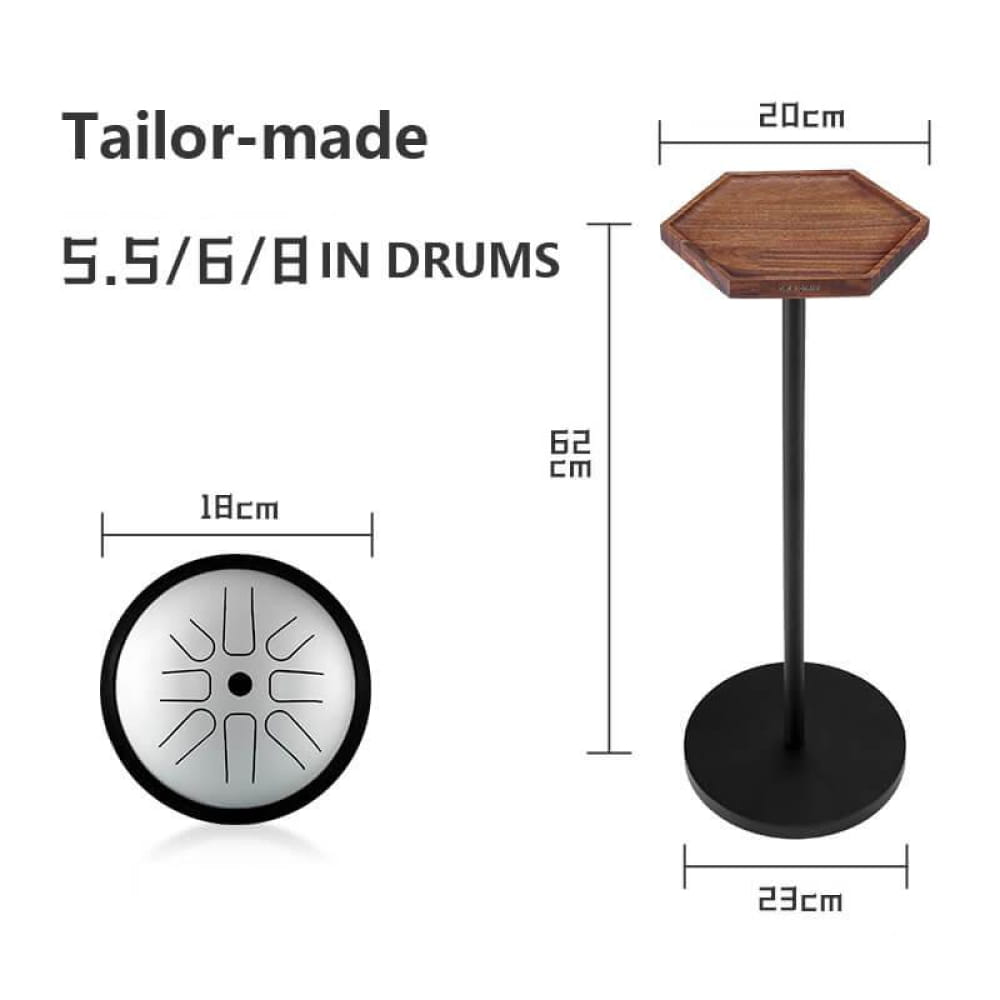 Practice drum pad on adjustable stand with octagonal wooden top for steel tongue drums