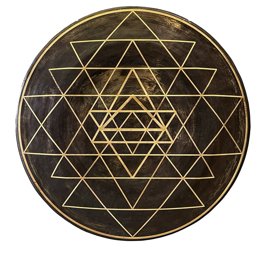 Circular black Chau Gong featuring intricate gold Sri Yantra pattern for meditation