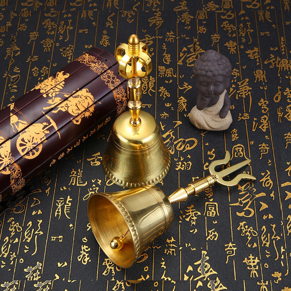 Golden Buddhist meditation bell with dorje handle in Tibetan Bell and Dorje Set