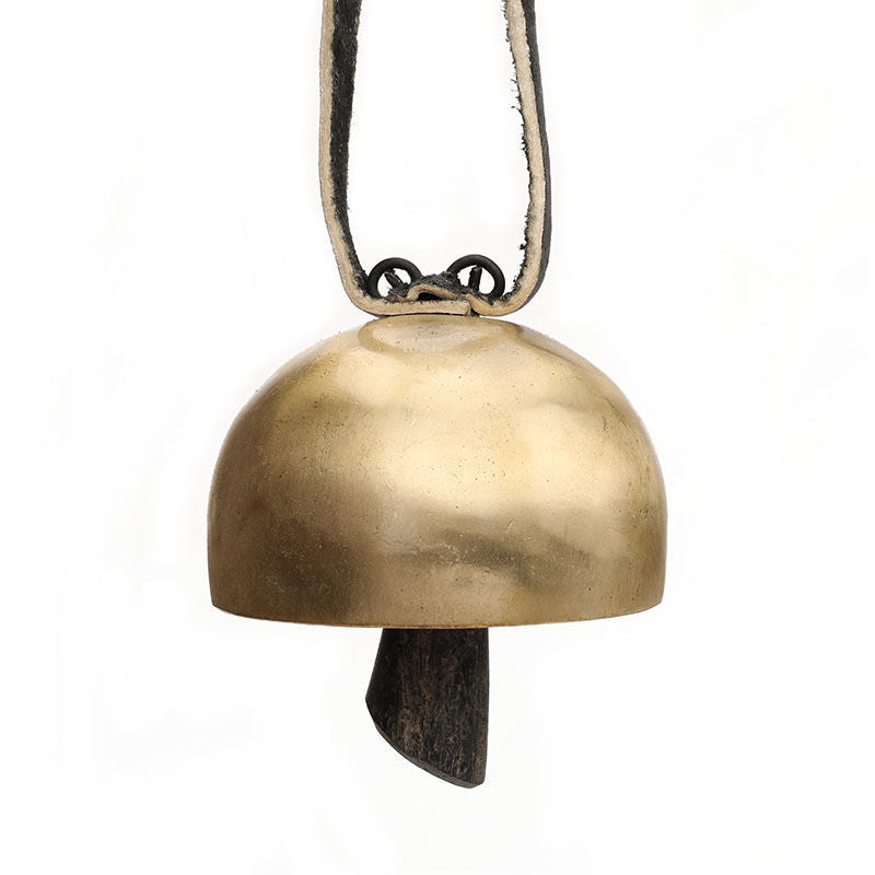 Golden brass Tibetan Meditation Bell with dark clapper and metal loop hanger