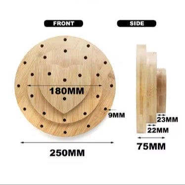 Circular wooden tuning fork stand holder with 14 evenly spaced holes in heart shape design