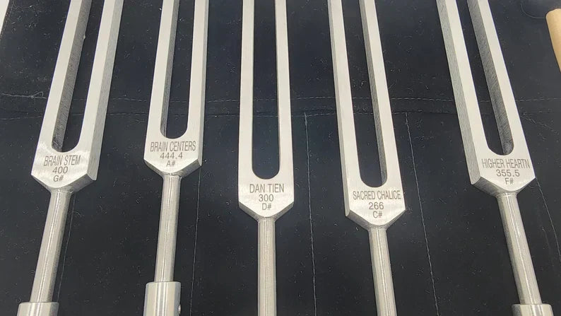 Medical tuning forks in a row from the Unweighted Sharp Tuning Fork Set of 5