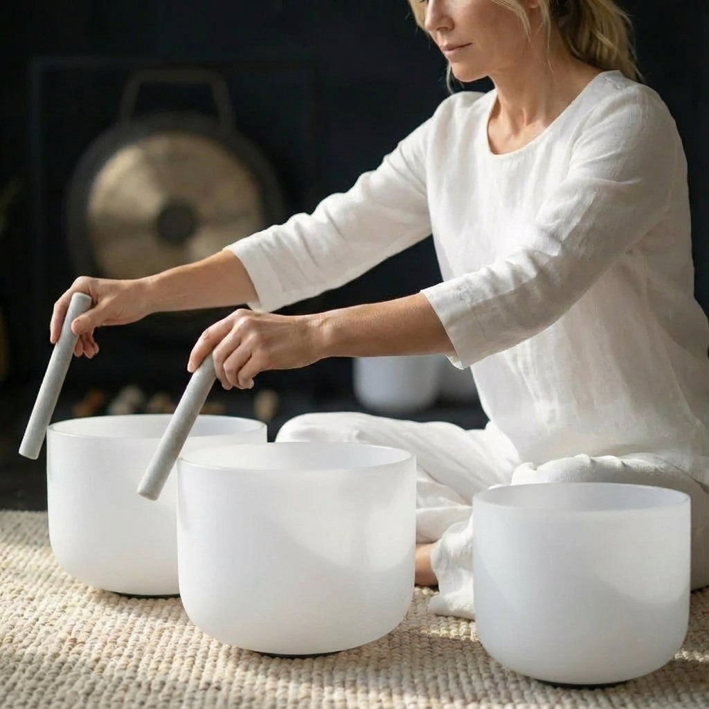 White Frosted Crystal Singing Bowl Set - 8 PCS 7-14 Inch